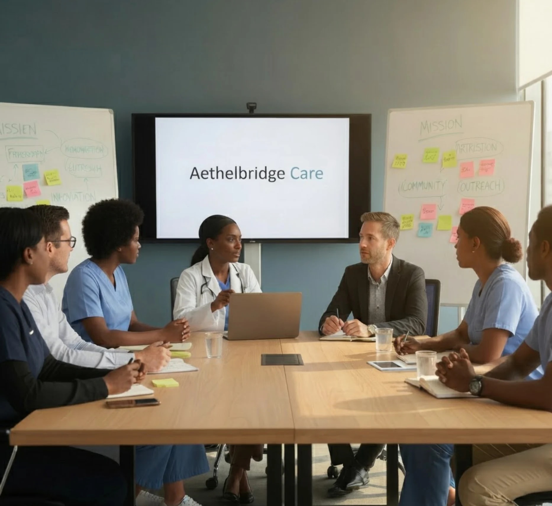 The Aethelbridge Care team around a boardroom table during a planning session.