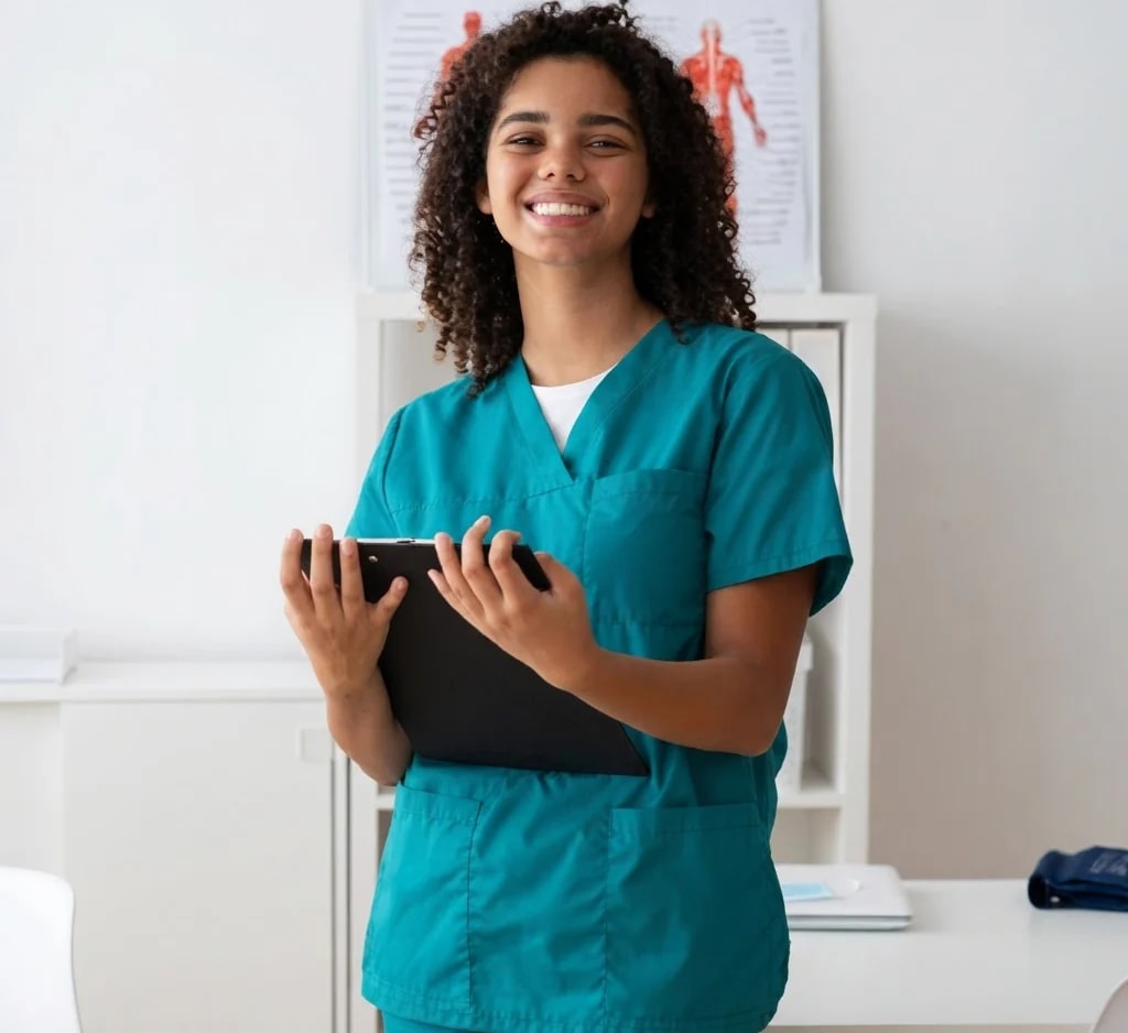 A nurse in teal scrubs holding a folder and smiling.