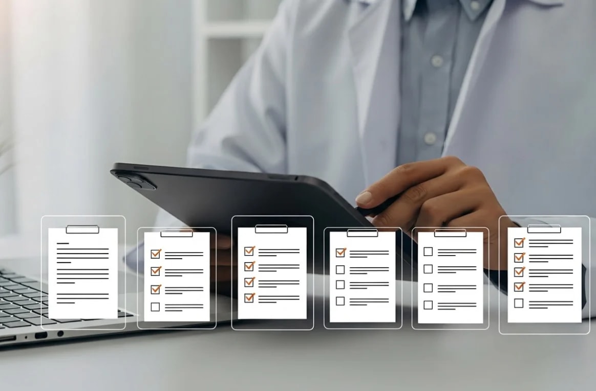 A compliance manager reviewing records in an office.