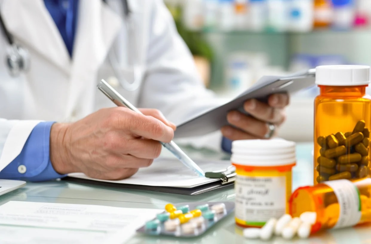 A nurse supporting an older woman with her medication at home.