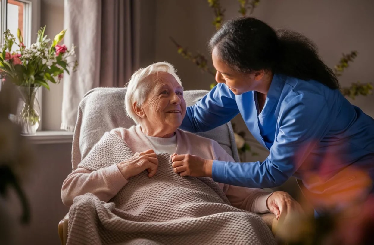 A carer leaning over an older woman resting under a blanket.