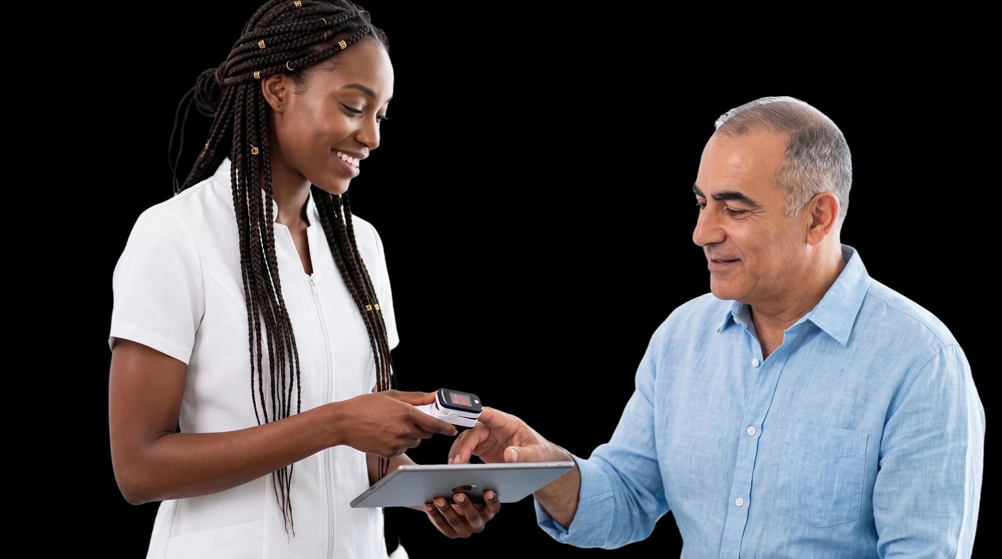 A care professional showing a tablet to an older man.