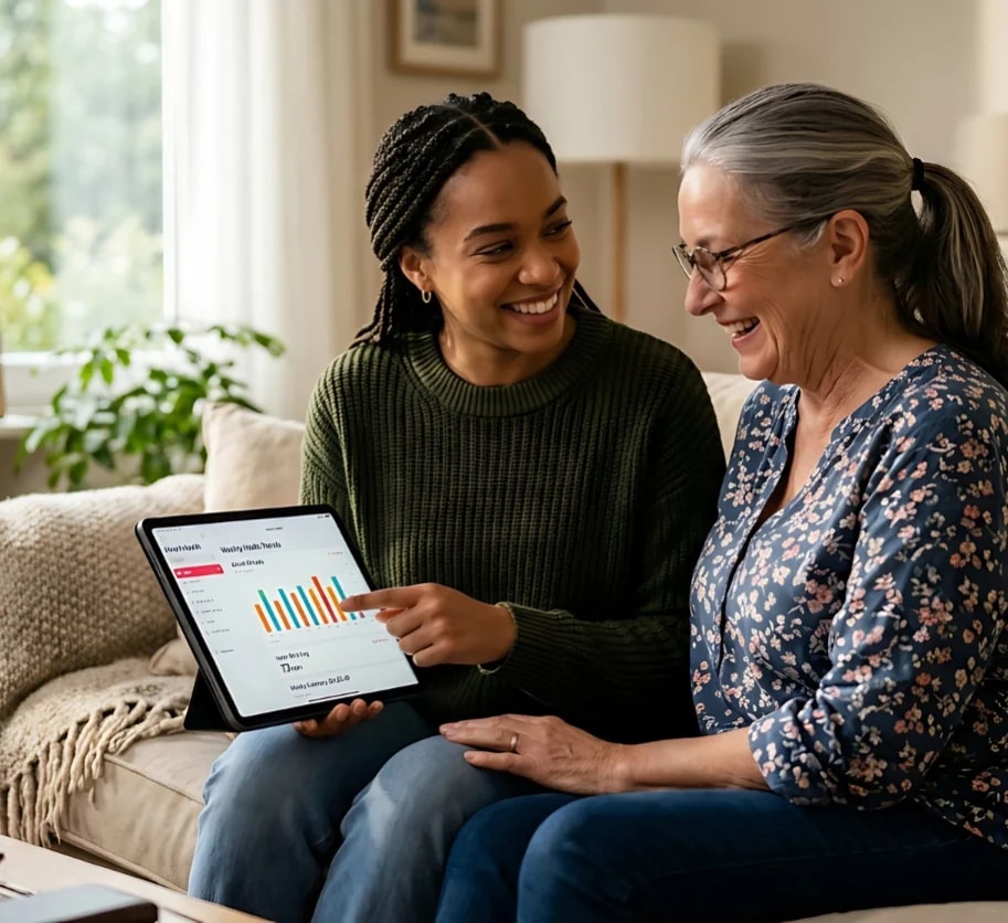 A woman going through a dashboard on a tablet with an older woman on the sofa.