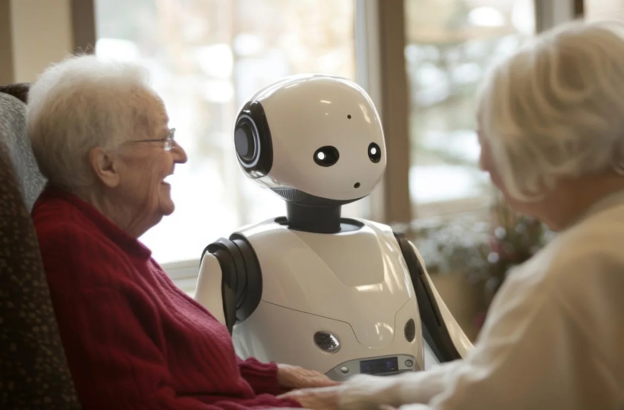 A small companion robot sitting between two older women.