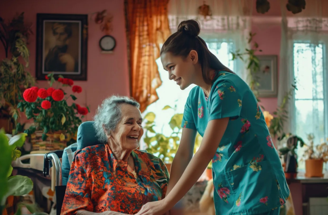 A carer leaning in to talk with an older woman in her armchair.