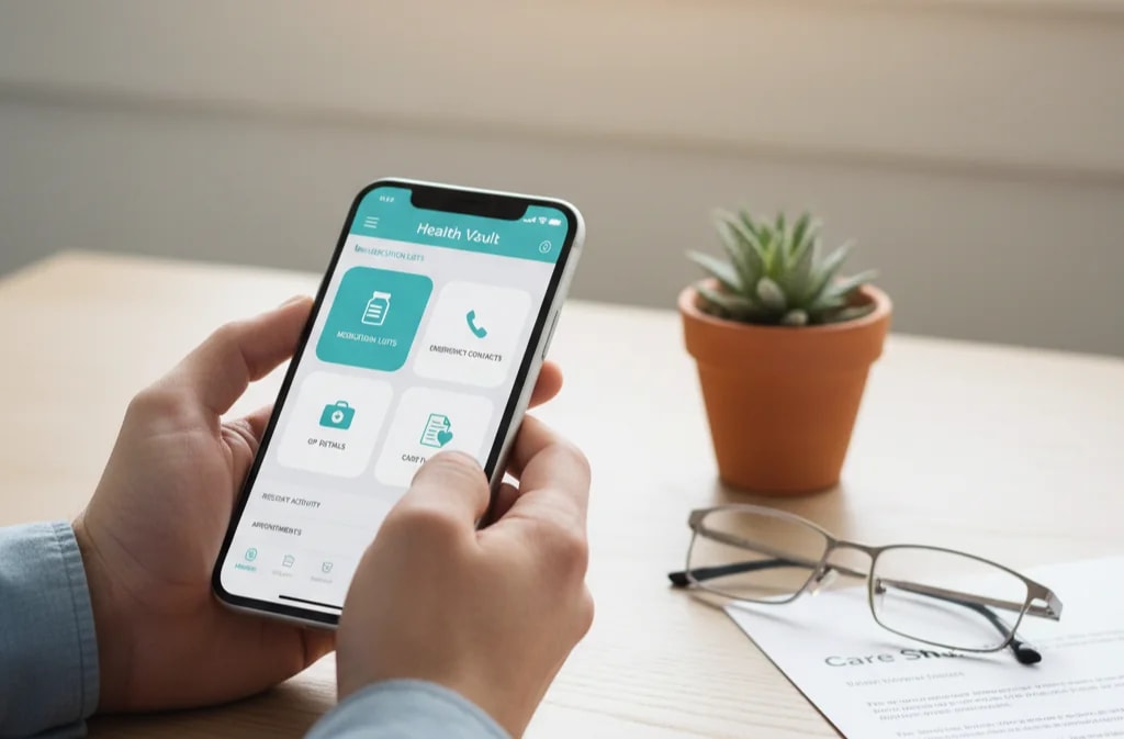 A phone showing the care app, held above a desk.