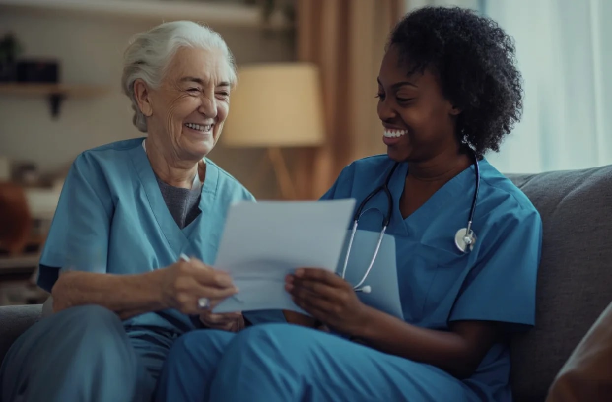 A nurse going through a printed summary with an older woman.
